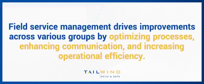 Field service management drives improvements across various groups by optimizing processes, enhancing communication, and increasing operational efficiency.