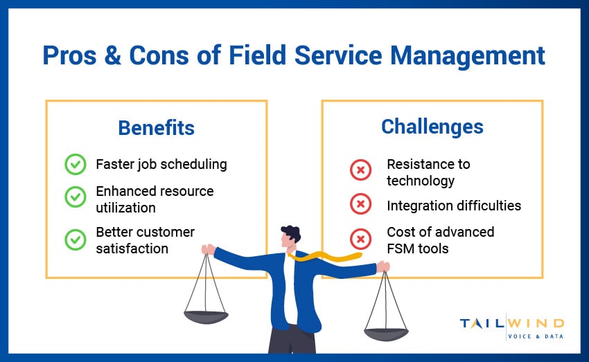 A side-by-side chart showing the pros and cons of field service management for businesses.