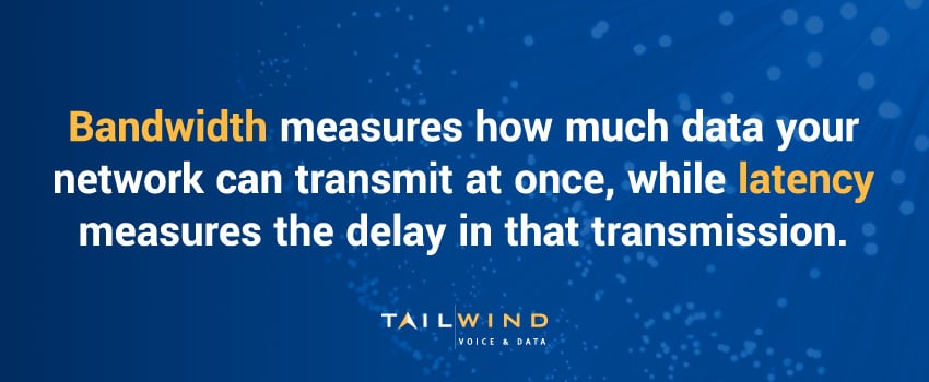 Bandwidth measures how much data your network can transmit at once, while latency measures the delay in that transmission.