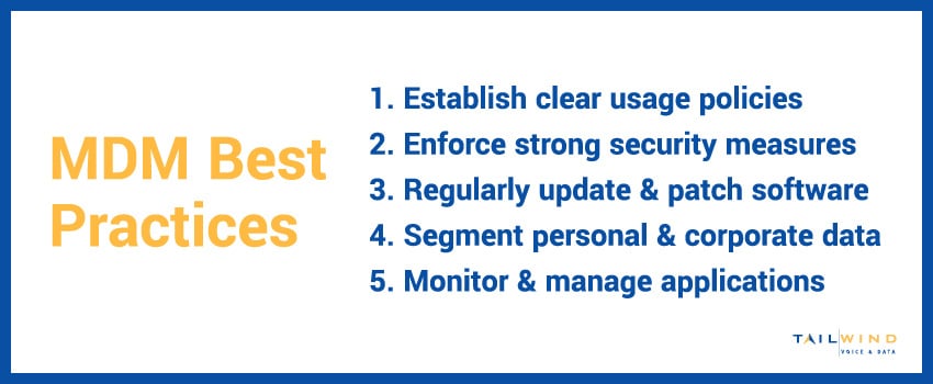 A list of MDM best practices, including: establish clear usage policies, enforce strong security measures, regularly update & patch software, segment personal & corporate data, and monitor & manage applications.