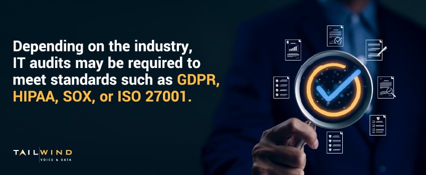 Depending on the industry, IT audits may be required to meet standards such as GDPR, HIPAA, SOX, or ISO 27001.