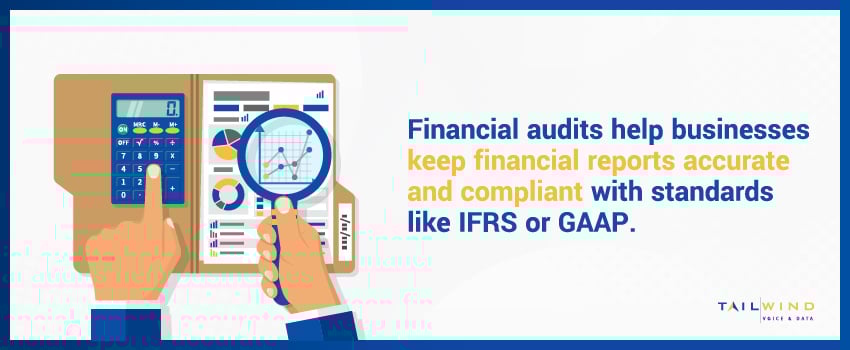 Financial audits help businesses keep financial reports accurate and compliant with standards like IFRS or GAAP.