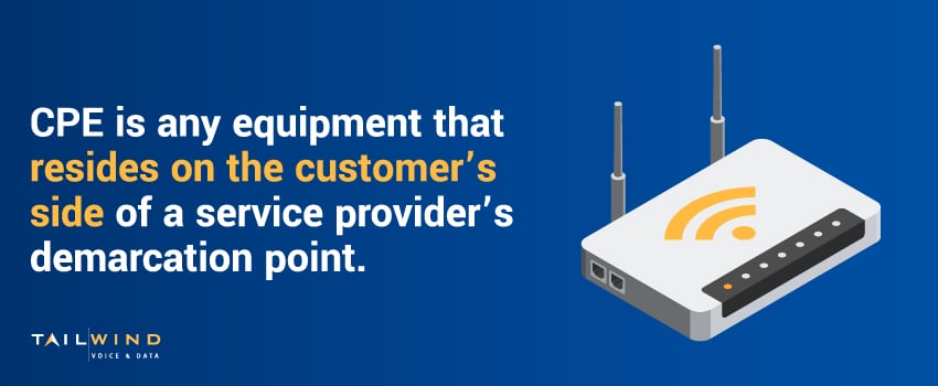 CPE is any equipment that resides on the customer’s side of a service provider’s demarcation point.