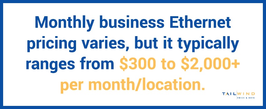 Monthly business Ethernet pricing varies, but it typically ranges from $300 to $2,000+ per month/location.