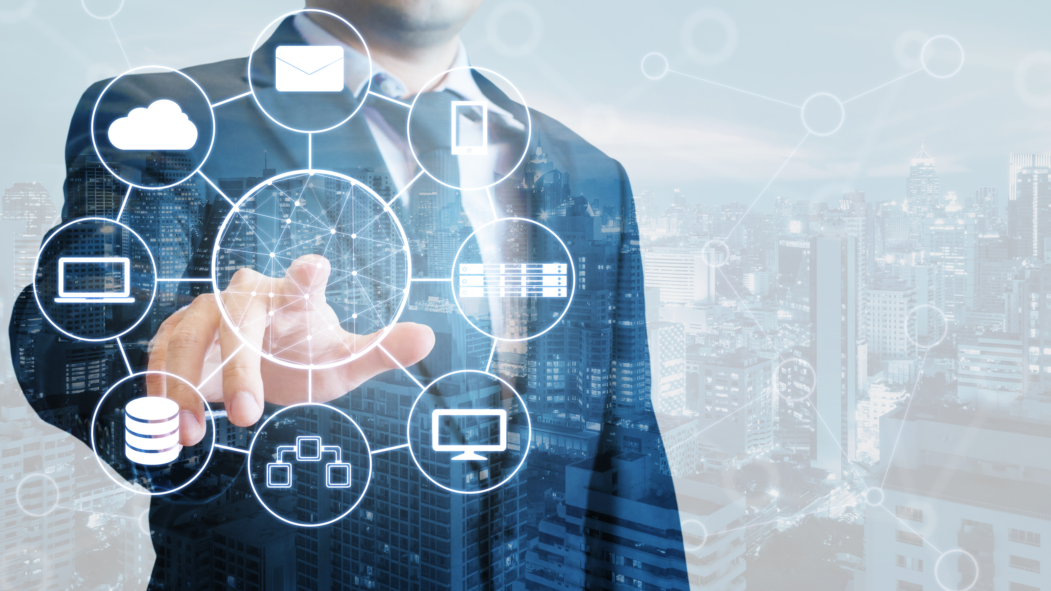 Double exposure of professional businessman connected devices world digital technology internet and wireless network on touch screen and city of business background.